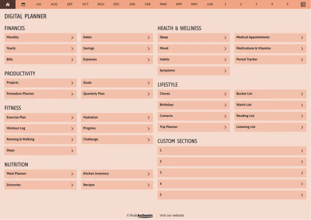 The planner’s dashboard page in the Orange colorway — tappable section rows under the month navigation bar.