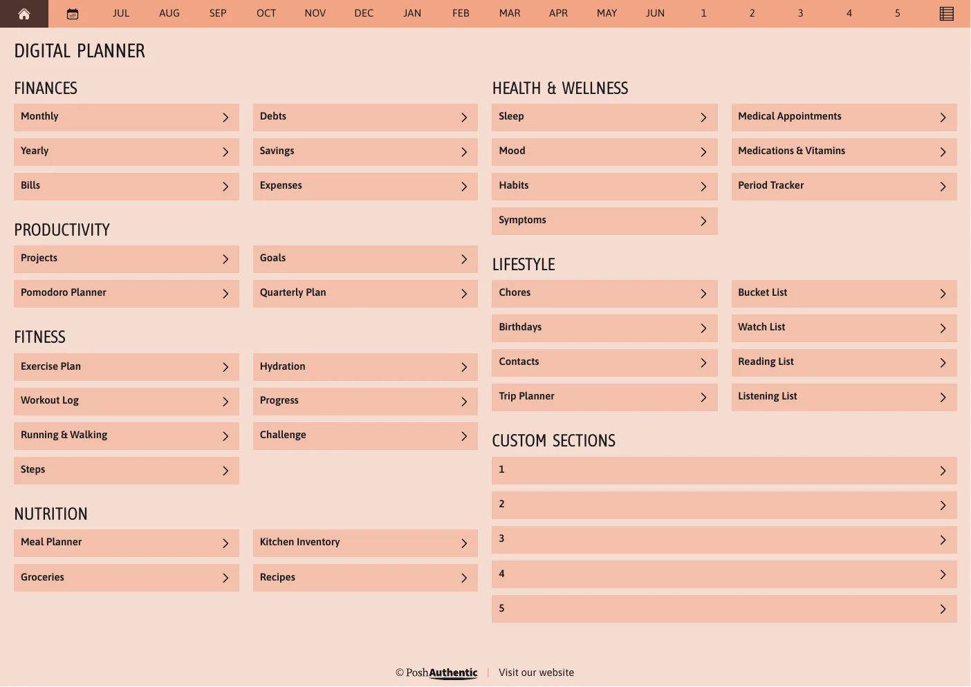 The planner’s dashboard page in the Orange colorway — tappable section rows under the month navigation bar.
