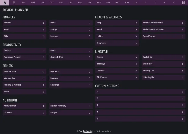 The planner’s dashboard page in the Violet dark mode colorway — tappable section rows under the month navigation bar.