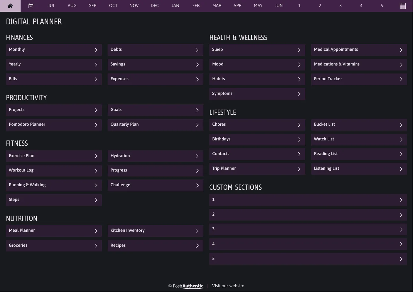 The planner’s dashboard page in the Violet dark mode colorway — tappable section rows under the month navigation bar.