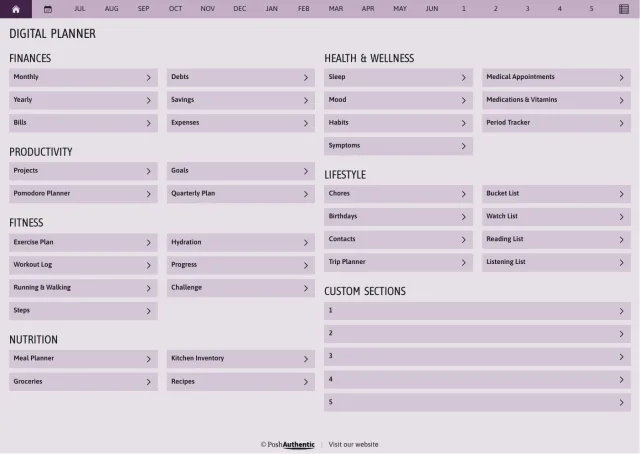 The planner’s dashboard page in the Violet colorway — tappable section rows under the month navigation bar.