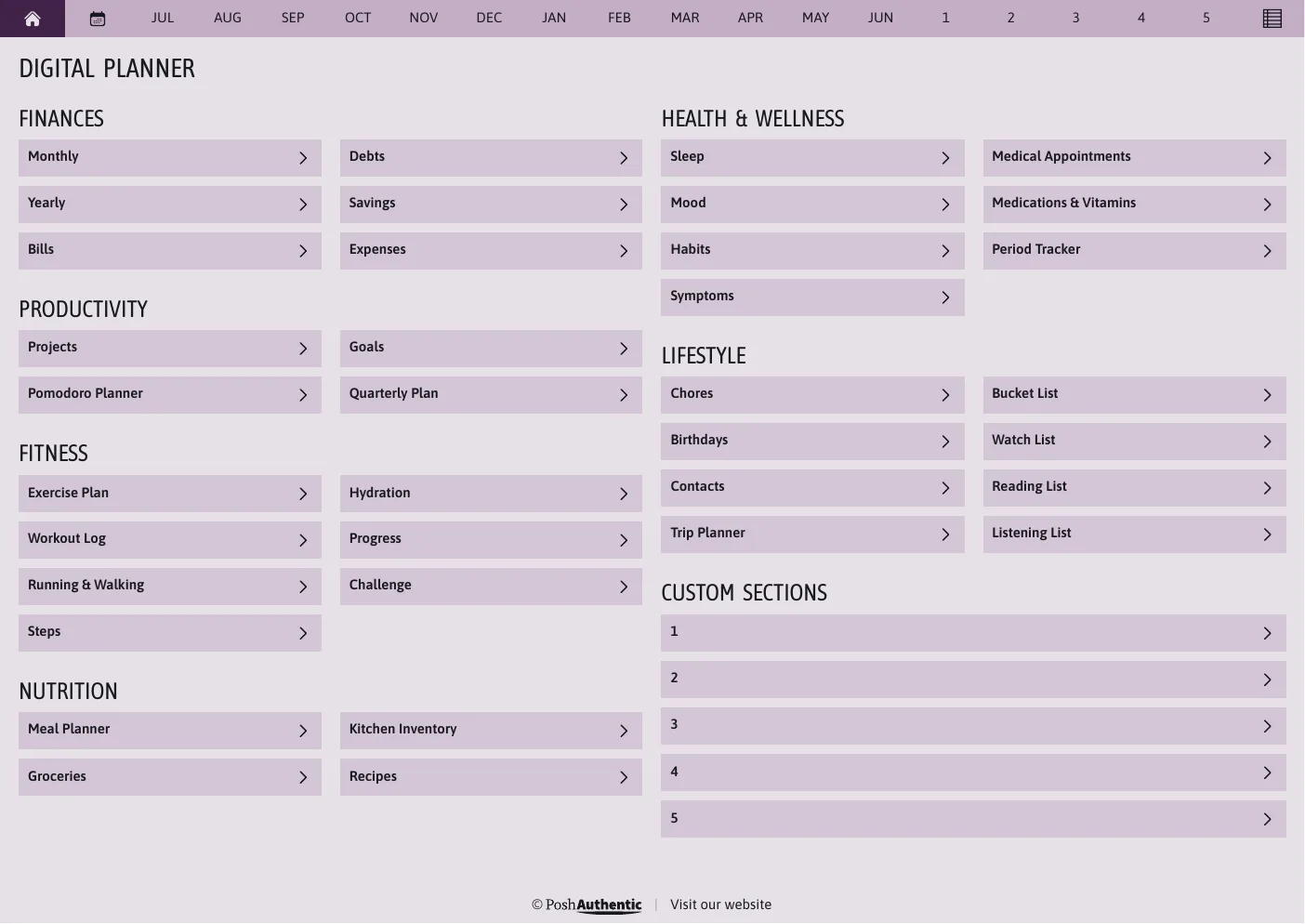 The planner’s dashboard page in the Violet colorway — tappable section rows under the month navigation bar.