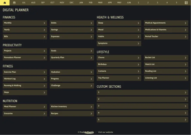 The planner’s dashboard page in the Yellow dark mode colorway — tappable section rows under the month navigation bar.