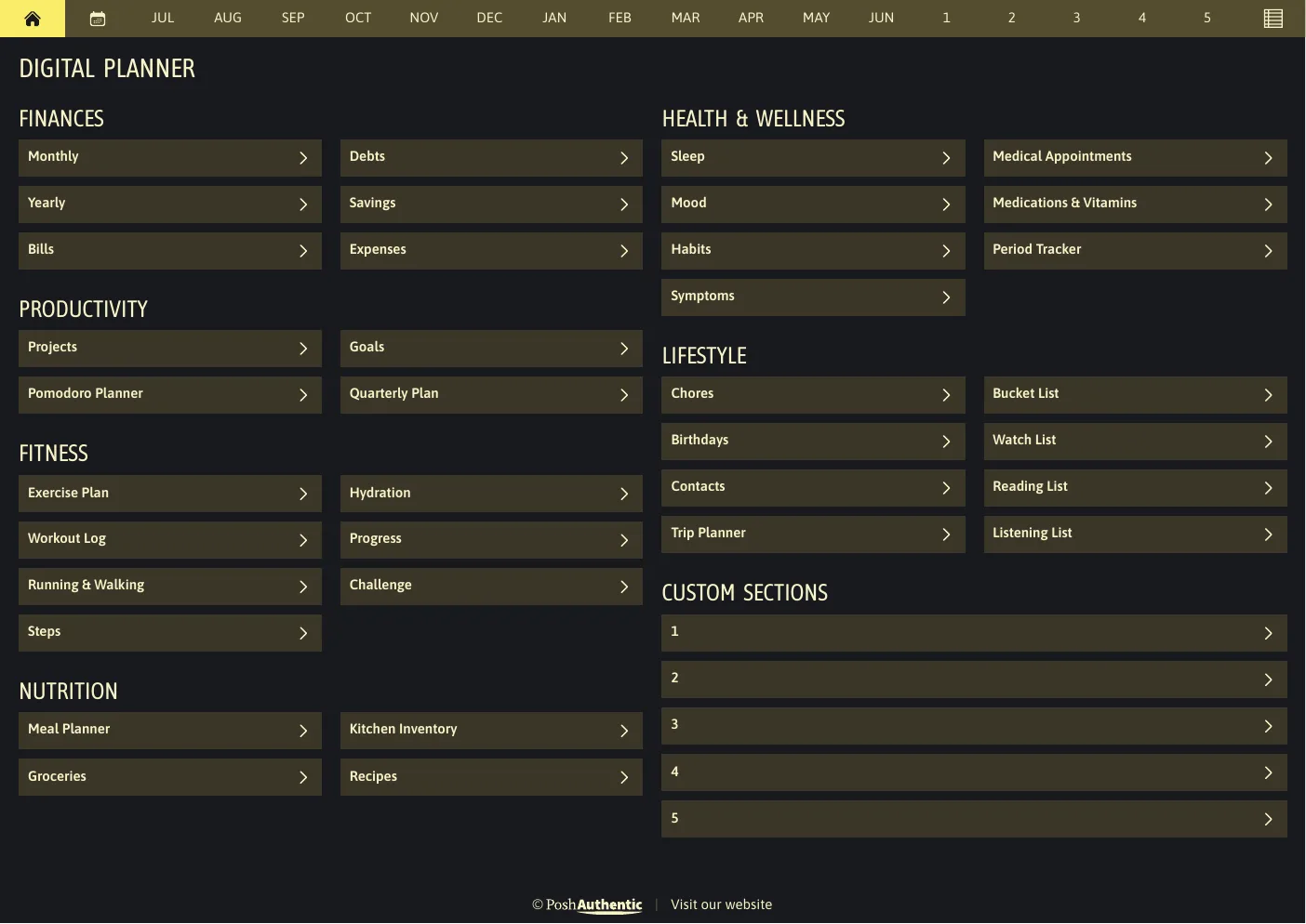 The planner’s dashboard page in the Yellow dark mode colorway — tappable section rows under the month navigation bar.
