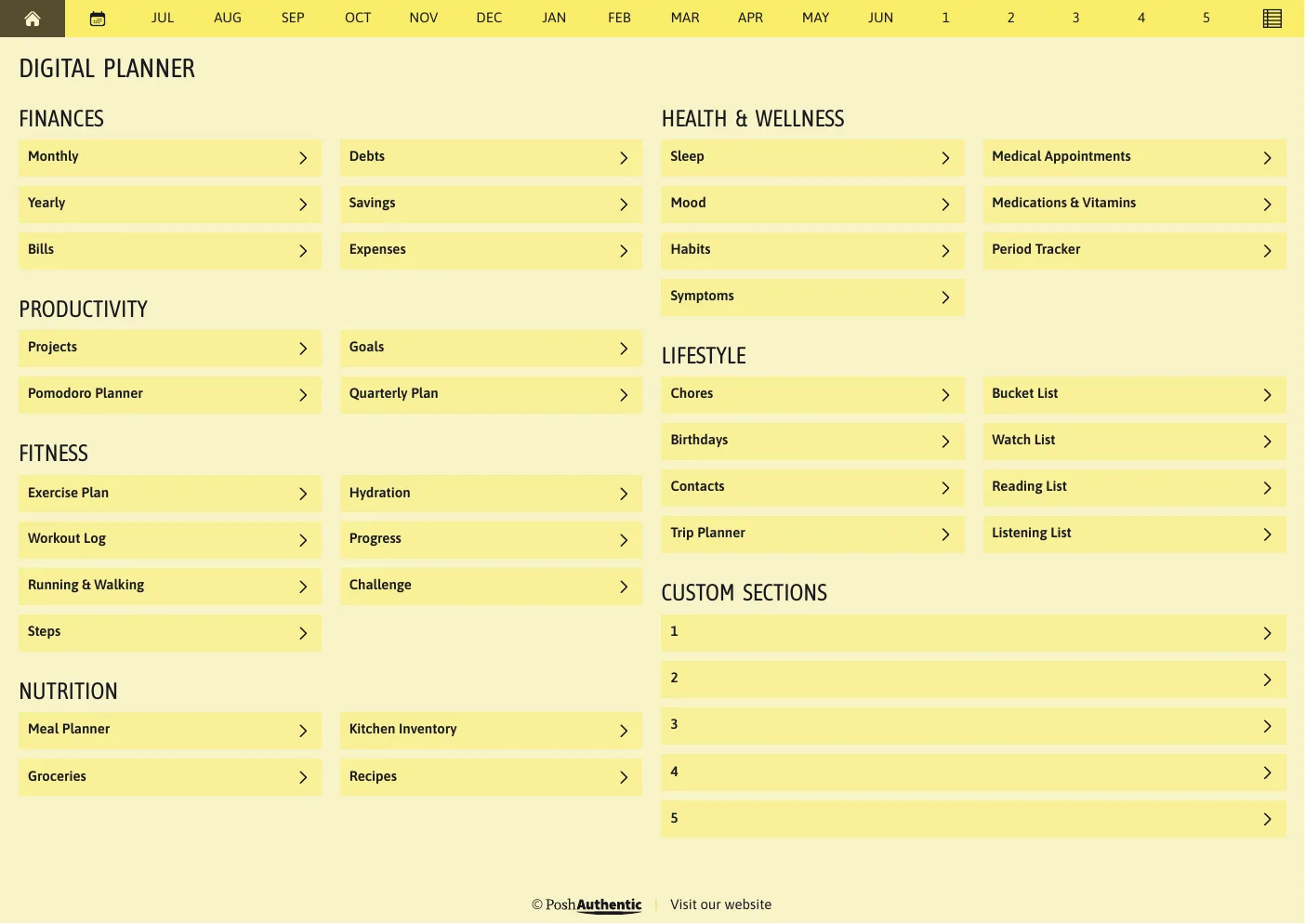 The planner’s dashboard page in the Yellow colorway — tappable section rows under the month navigation bar.