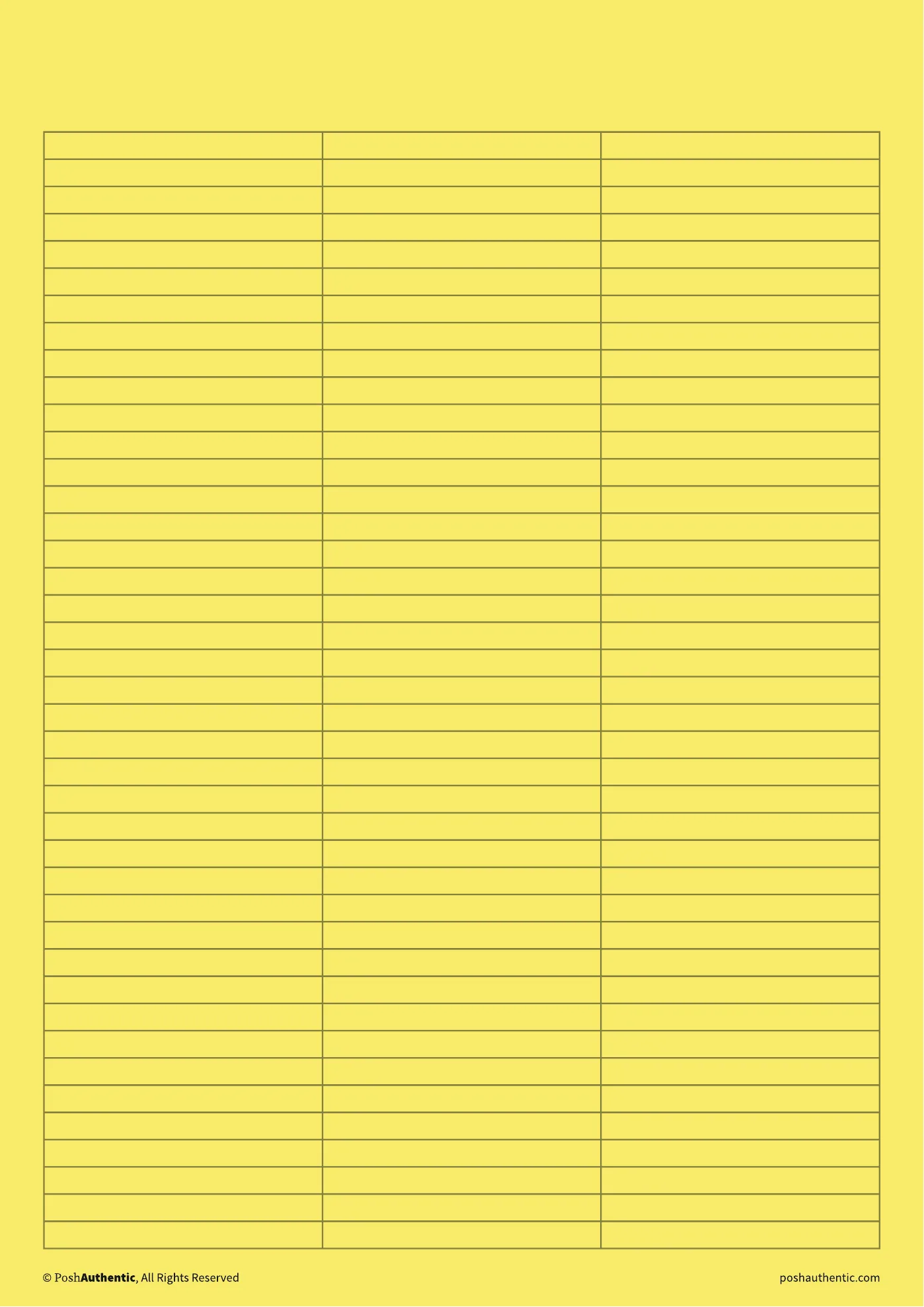 A table note template — the layout shown on a plain white sheet.