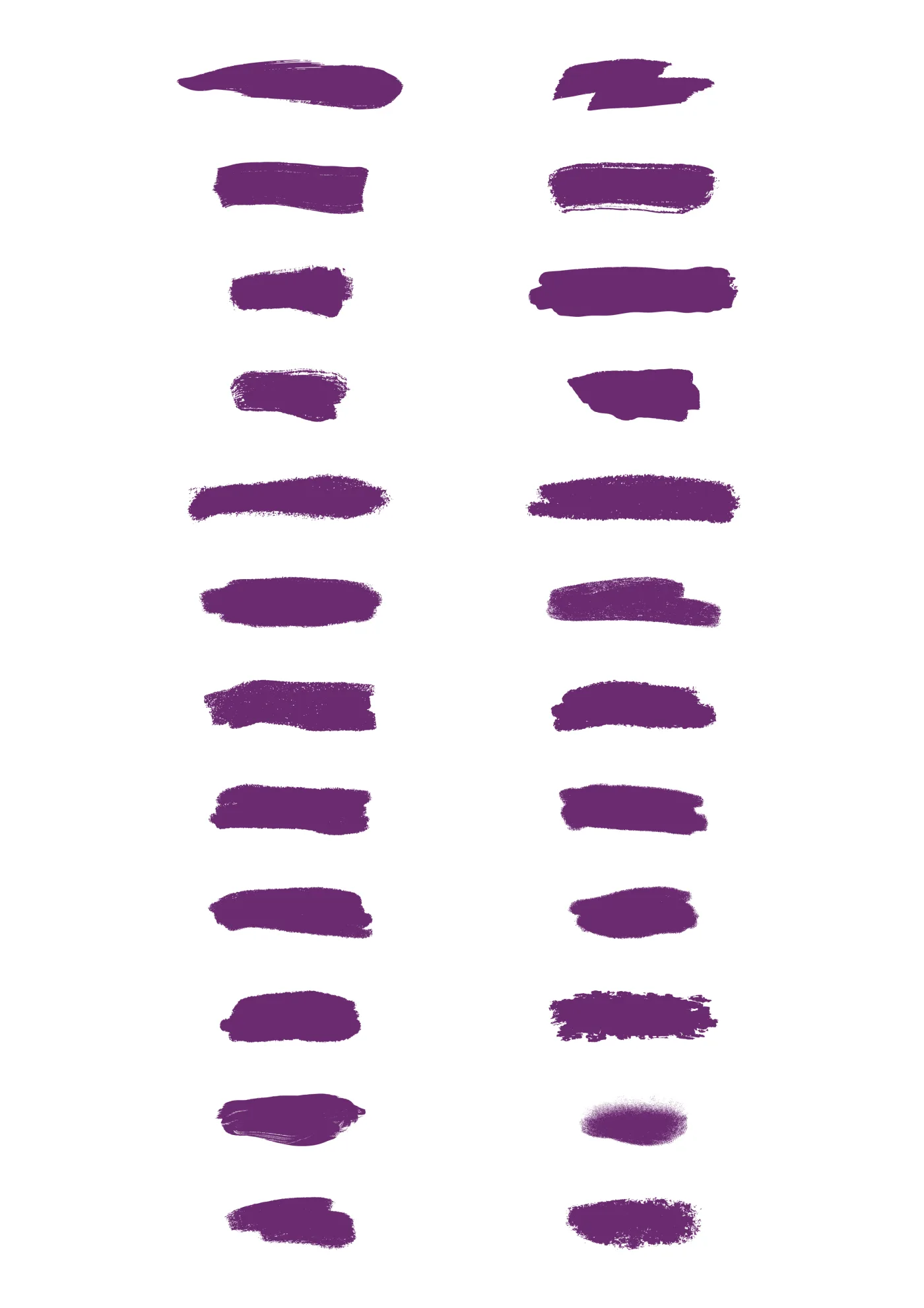 A sheet of the deluxe brushes sticker line in violet, laid out in a grid so the drawing and the range are both visible.