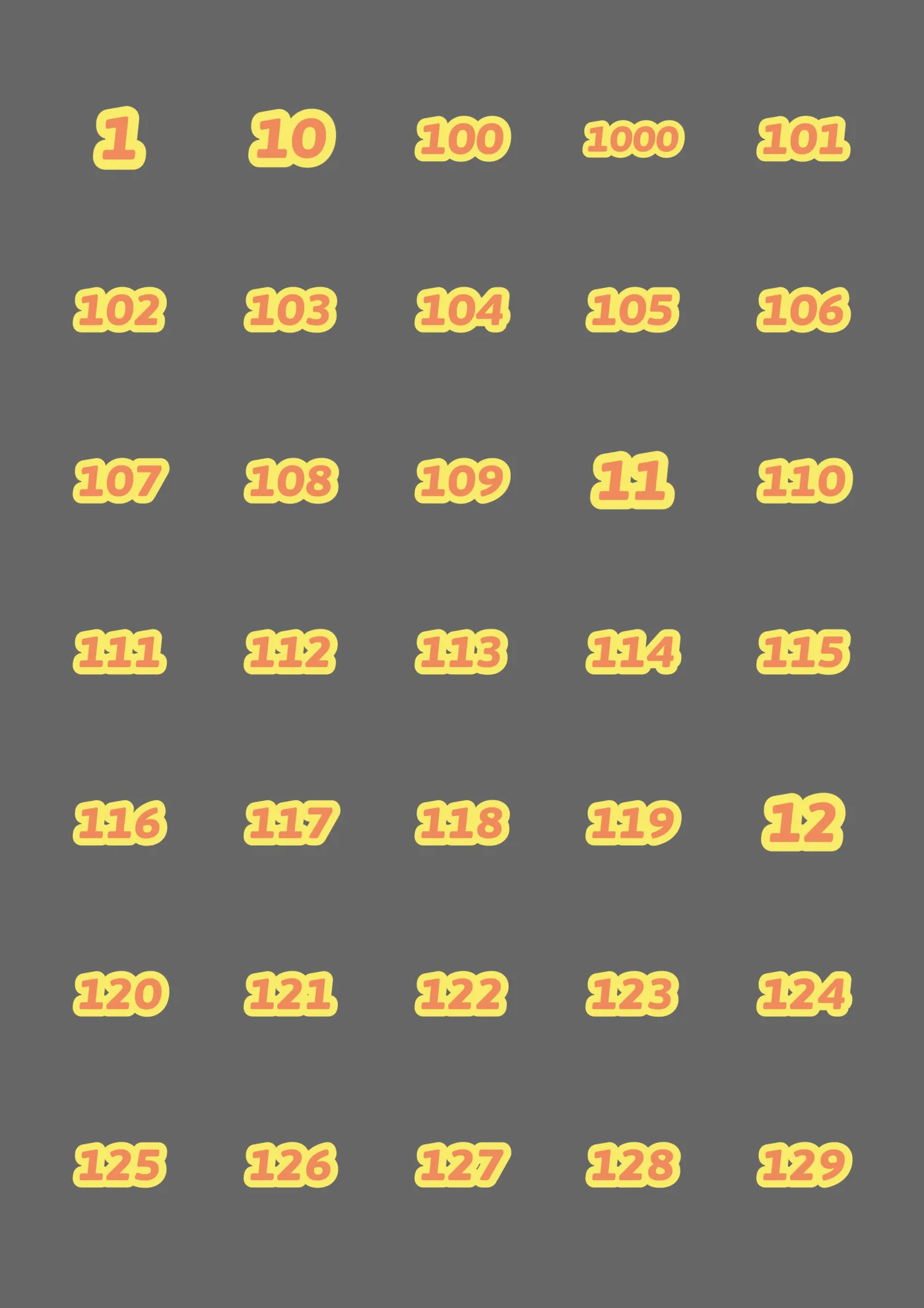 A sheet of the deluxe numbers italic sticker line in yellow, laid out in a grid so the drawing and the range are both visible.