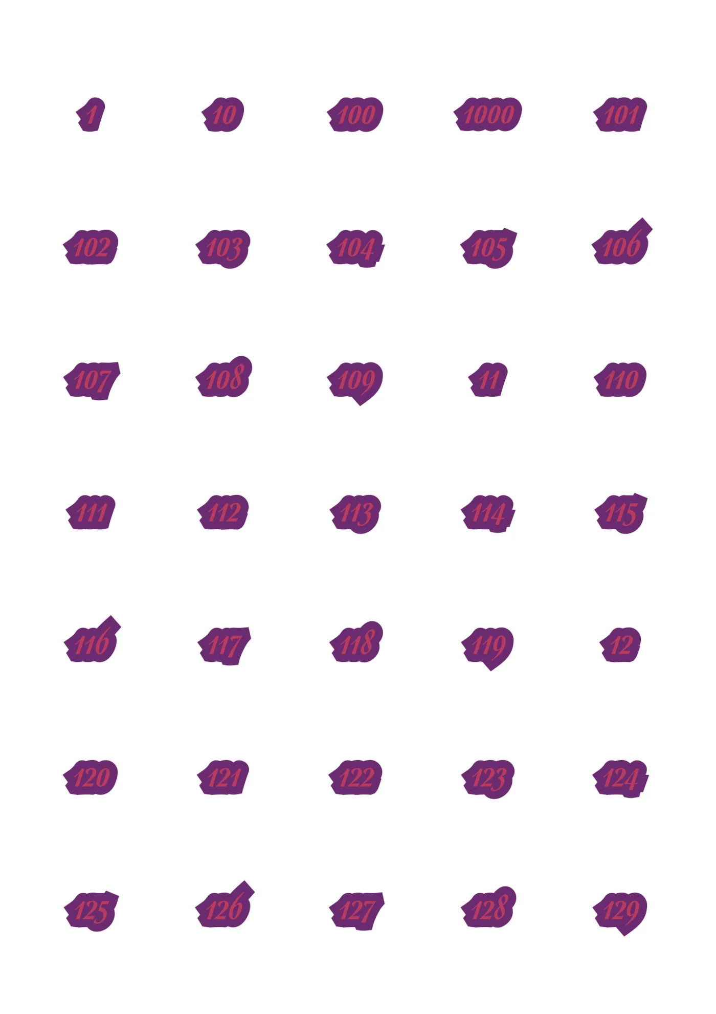 A sheet of the deluxe numbers script sticker line in violet, laid out in a grid so the drawing and the range are both visible.
