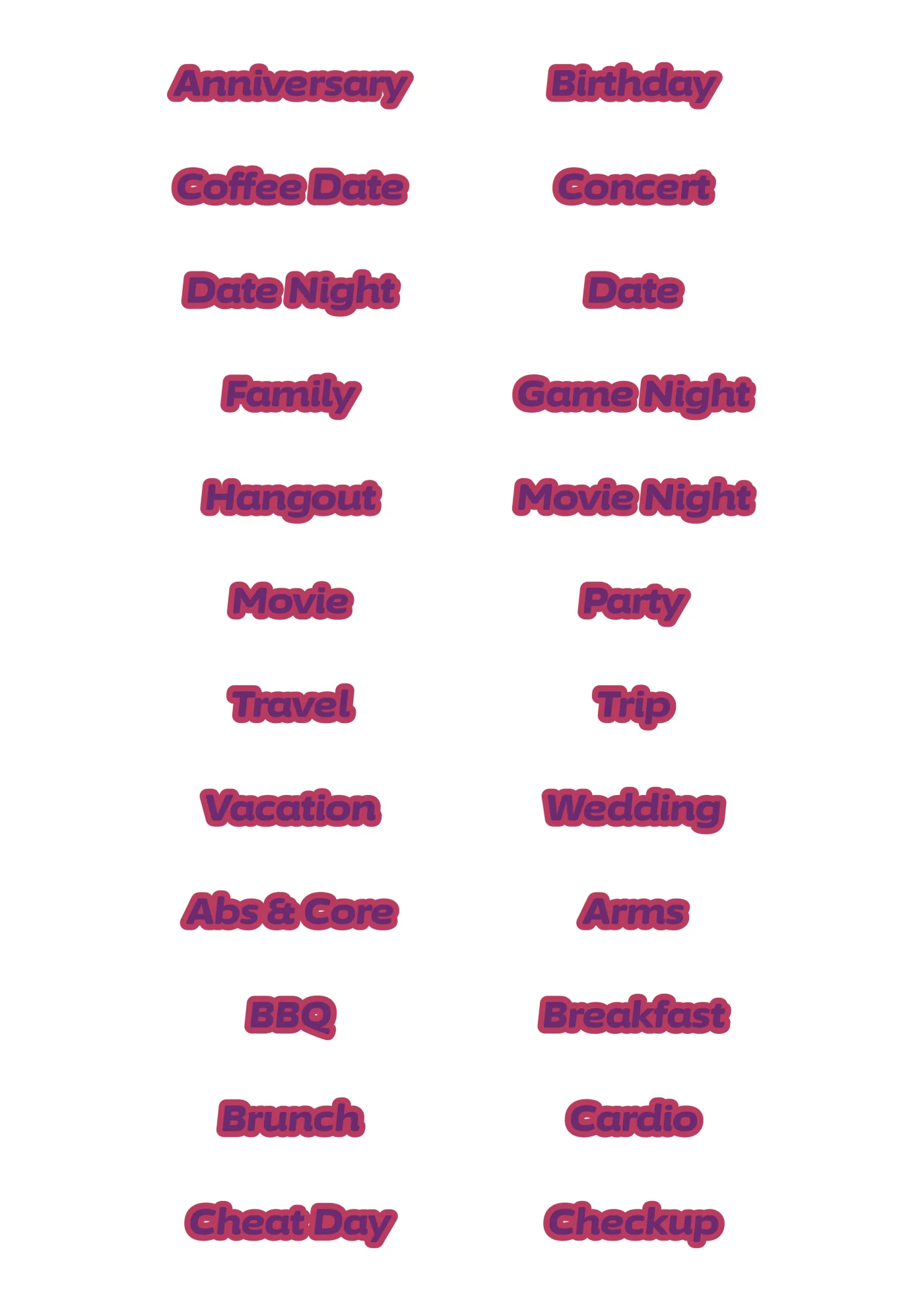 A sheet of the deluxe words italic sticker line in magenta, laid out in a grid so the drawing and the range are both visible.