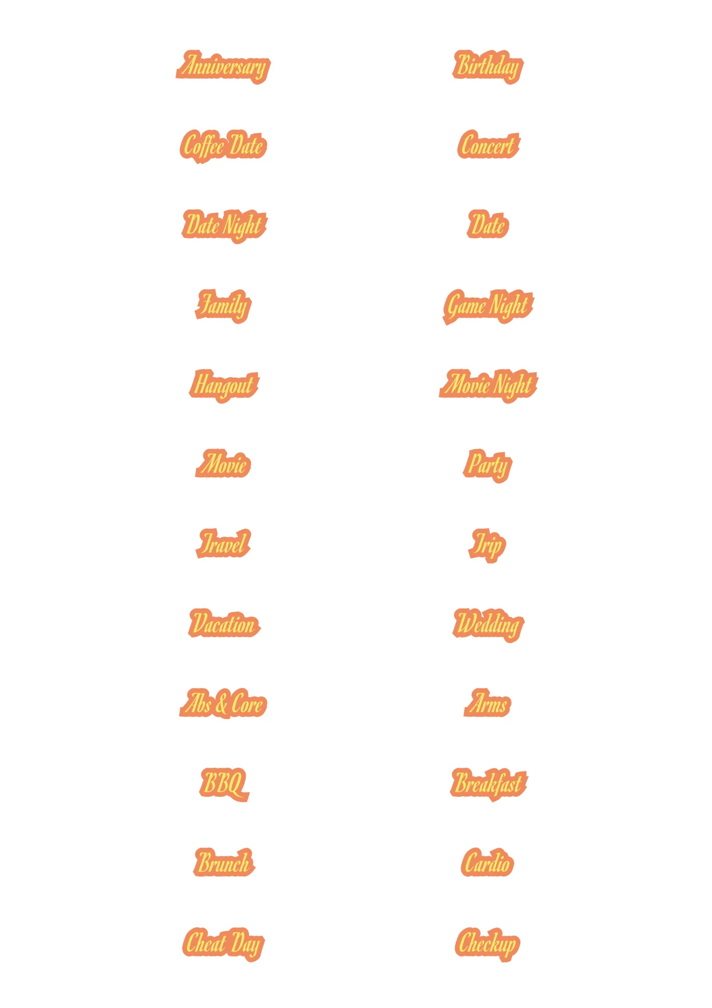 A sheet of the deluxe words script sticker line in orange, laid out in a grid so the drawing and the range are both visible.