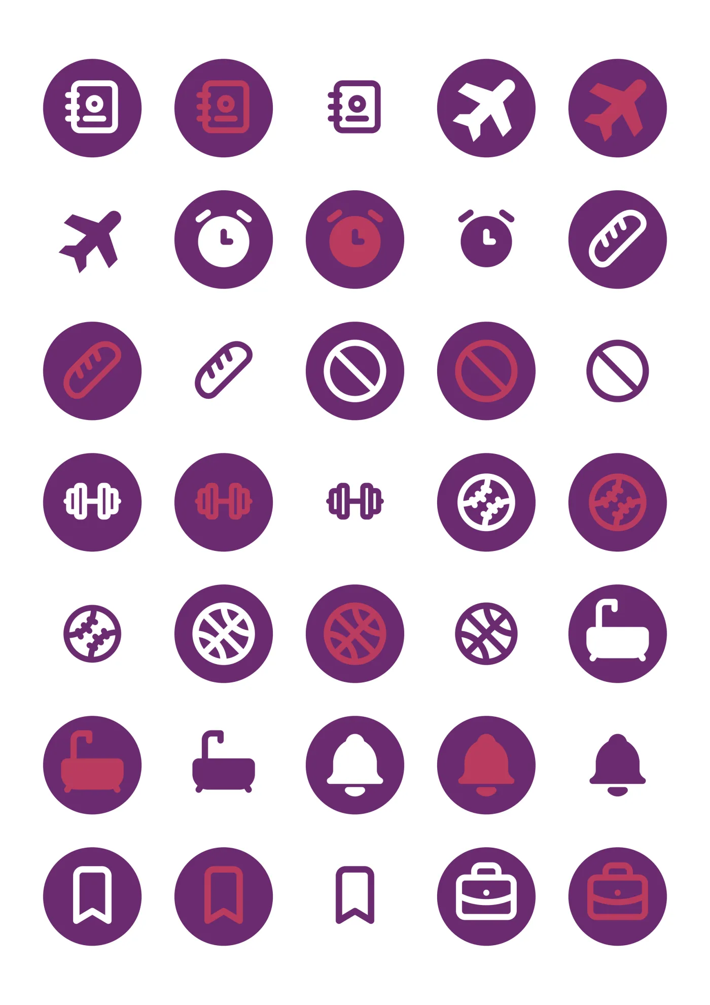A sheet of the icons sticker line in violet, laid out in a grid so the drawing and the range are both visible.
