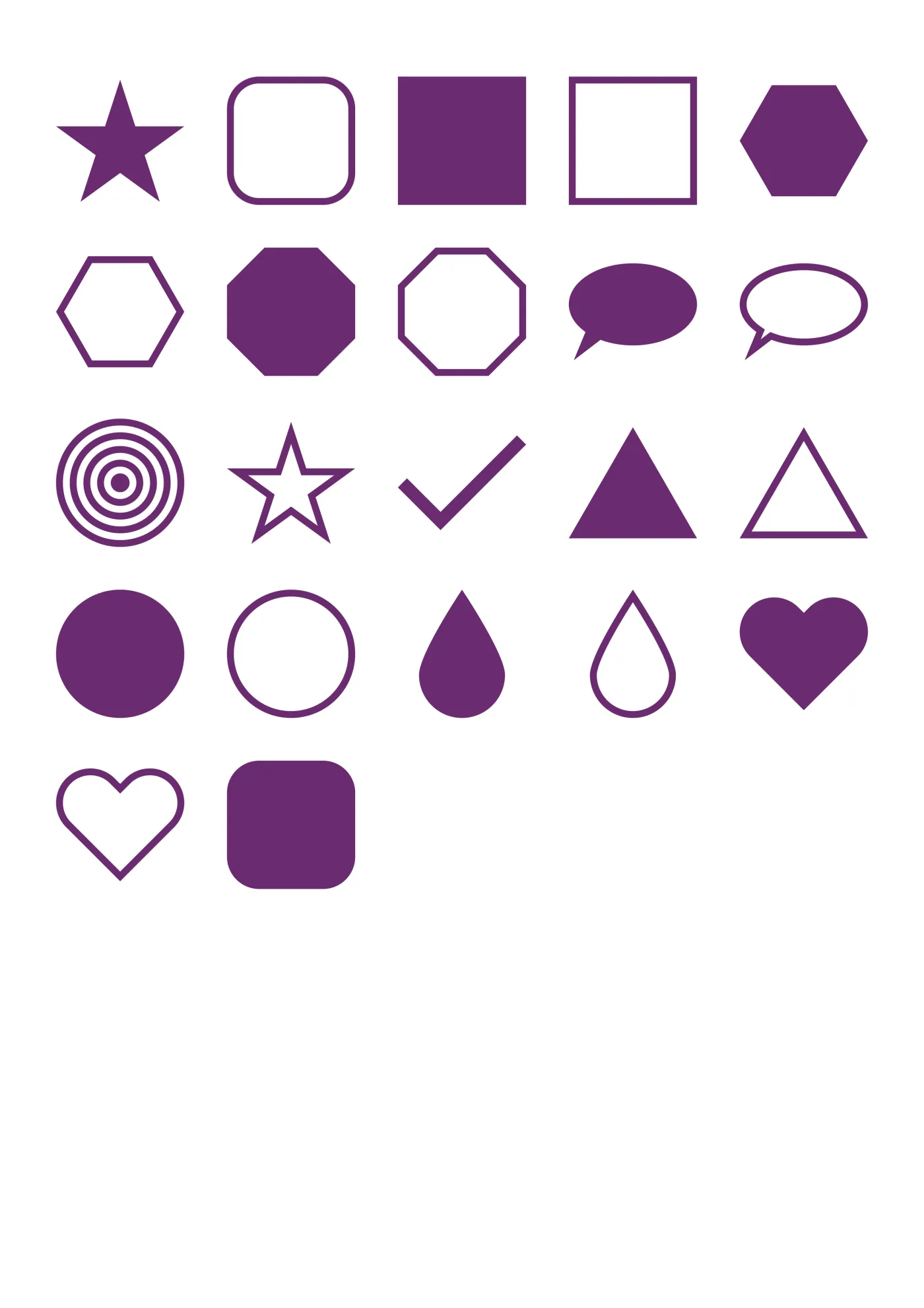 A sheet of the shapes sticker line in violet, laid out in a grid so the drawing and the range are both visible.