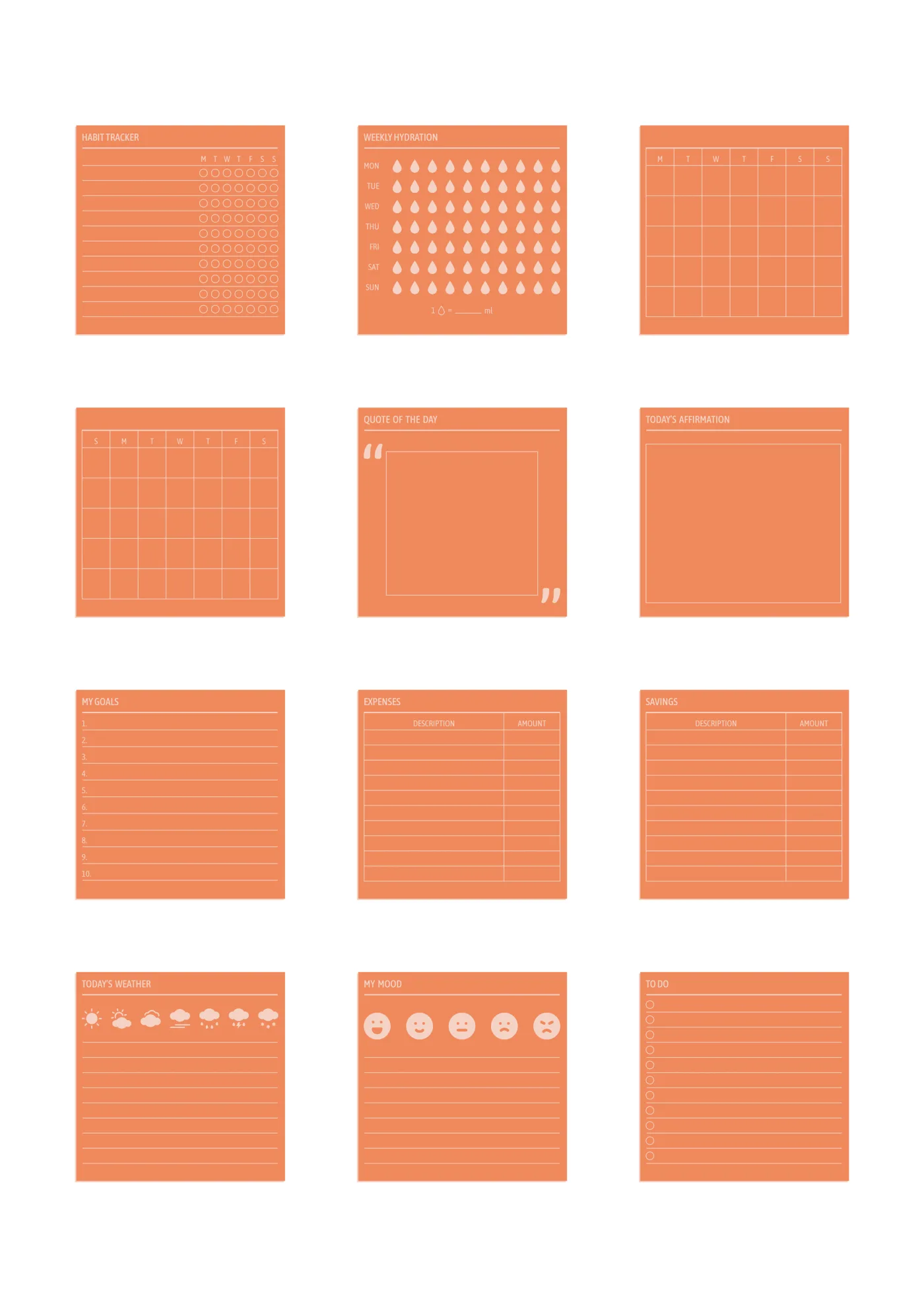 A sheet of the widgets sticker line in orange, laid out in a grid so the drawing and the range are both visible.