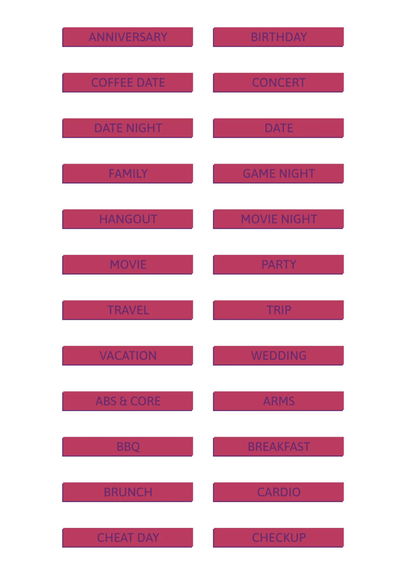 A sheet of the words sans sticker line in magenta, laid out in a grid so the drawing and the range are both visible.