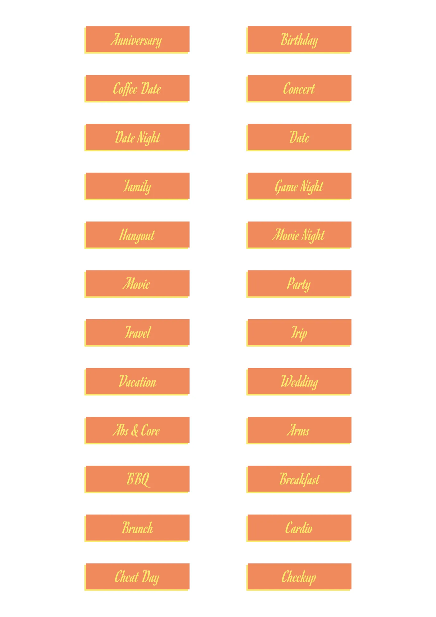 A sheet of the words script sticker line in orange, laid out in a grid so the drawing and the range are both visible.