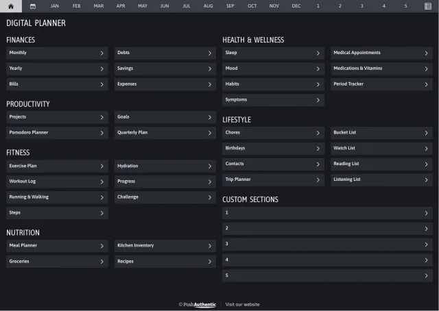 The planner’s dashboard page in the Grey dark mode colorway — tappable section rows under the month navigation bar.