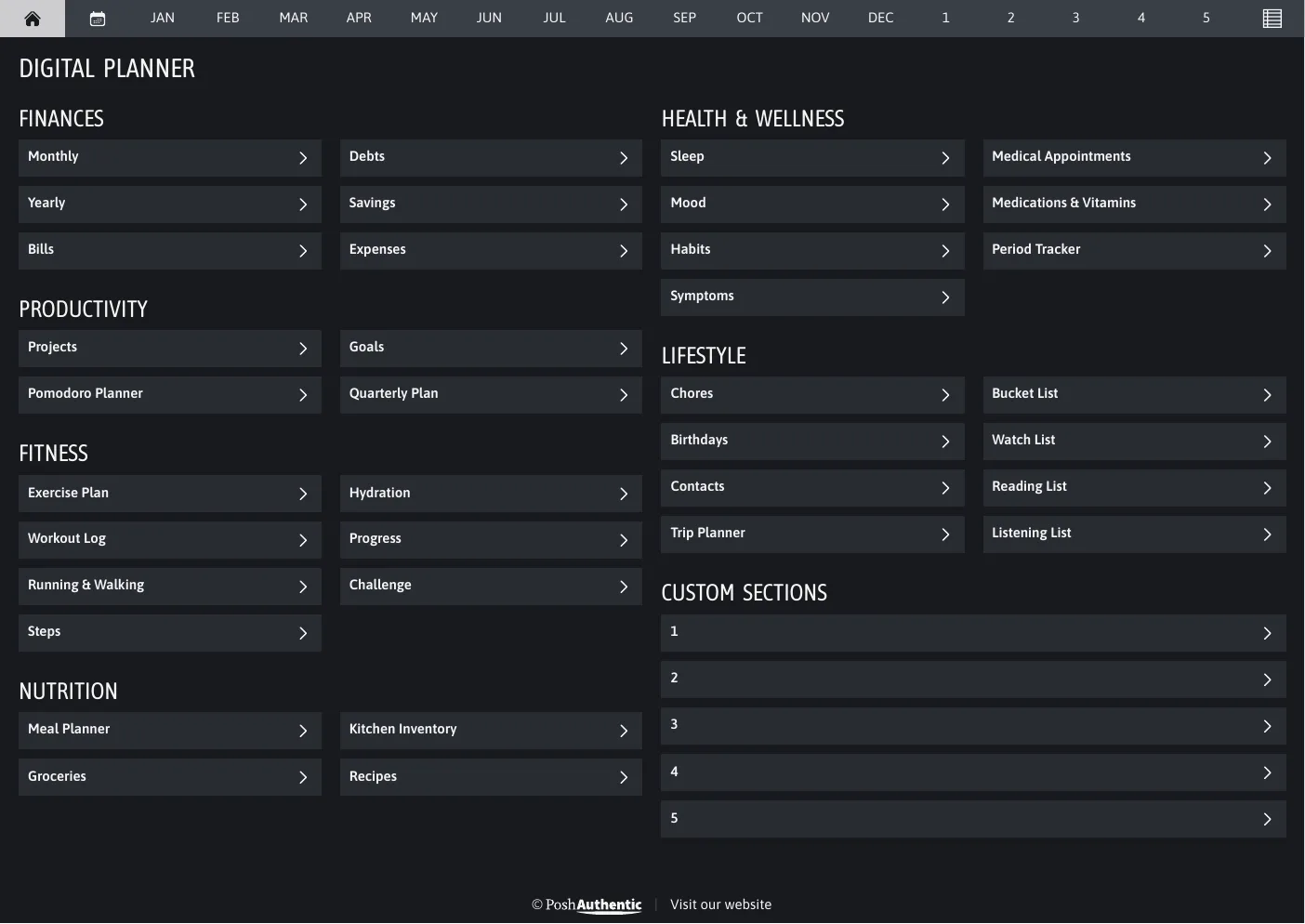 The planner’s dashboard page in the Grey dark mode colorway — tappable section rows under the month navigation bar.