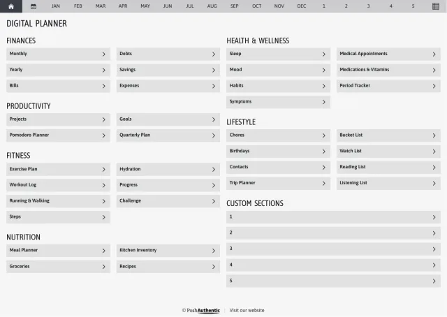 The planner’s dashboard page in the Grey colorway — tappable section rows under the month navigation bar.