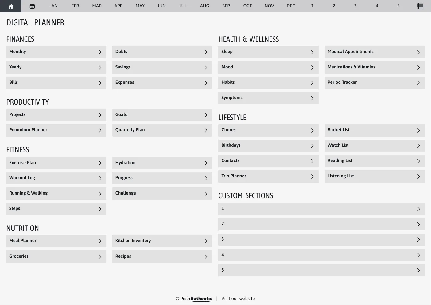 The planner’s dashboard page in the Grey colorway — tappable section rows under the month navigation bar.