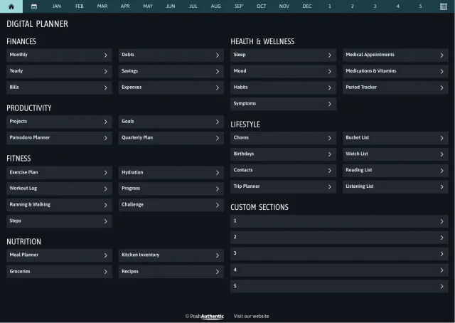The planner’s dashboard page in the Heavy Wonder dark mode colorway — tappable section rows under the month navigation bar.
