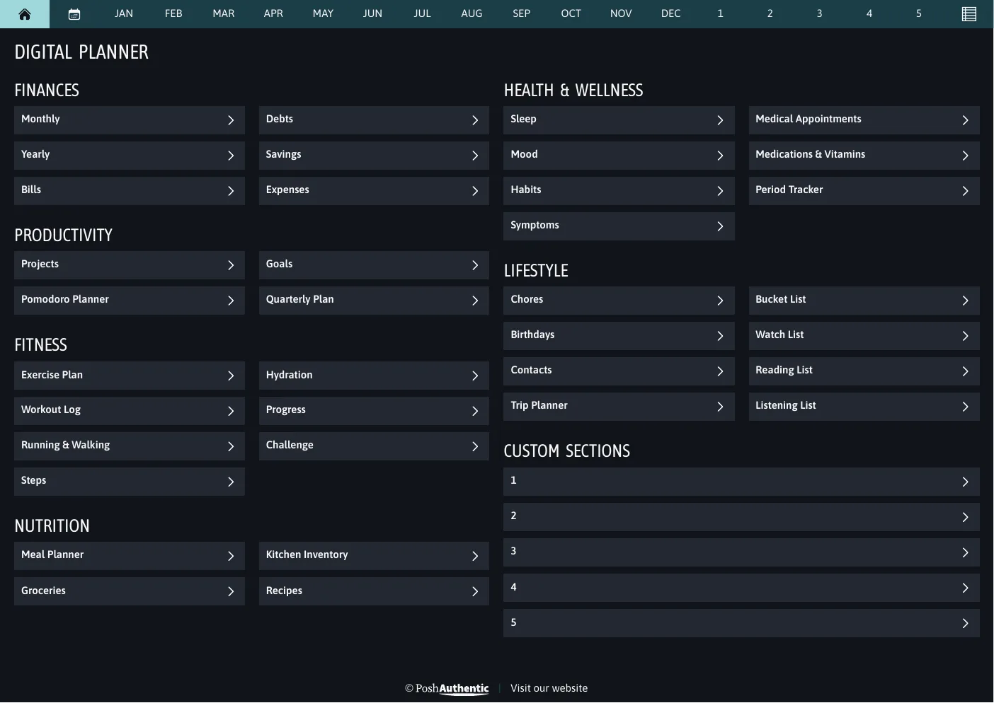 The planner’s dashboard page in the Heavy Wonder dark mode colorway — tappable section rows under the month navigation bar.