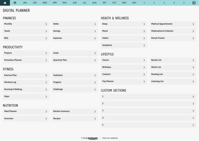 The planner’s dashboard page in the Heavy Wonder colorway — tappable section rows under the month navigation bar.