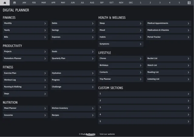 The planner’s dashboard page in the Midnight dark mode colorway — tappable section rows under the month navigation bar.