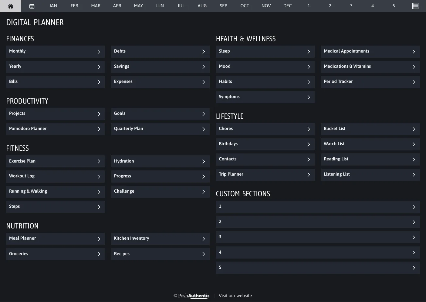 The planner’s dashboard page in the Midnight dark mode colorway — tappable section rows under the month navigation bar.