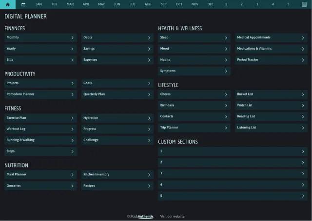 The planner’s dashboard page in the Teal dark mode colorway — tappable section rows under the month navigation bar.
