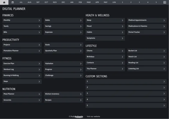 The planner’s dashboard page in the Grey dark mode colorway — tappable section rows under the month navigation bar.