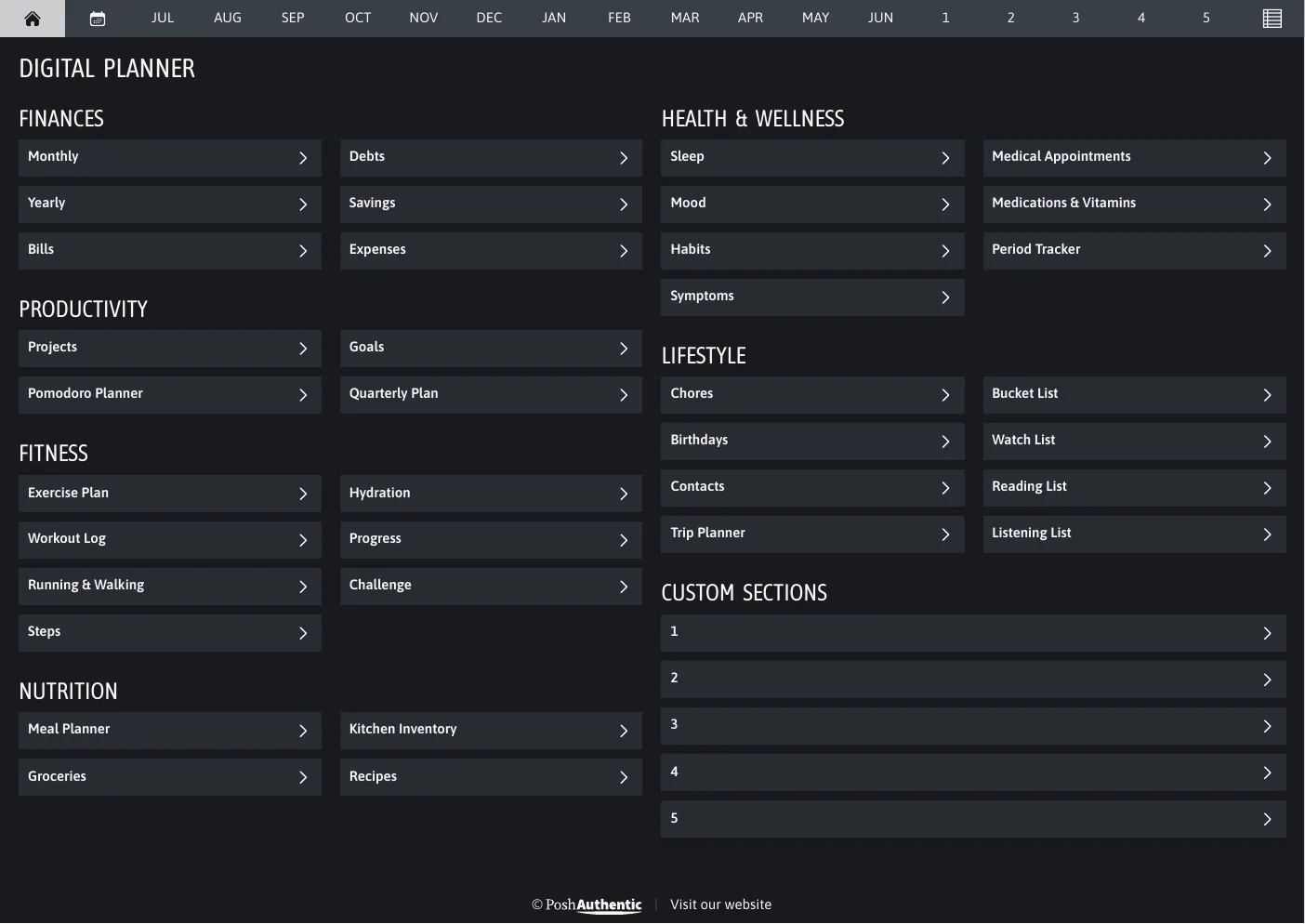 The planner’s dashboard page in the Grey dark mode colorway — tappable section rows under the month navigation bar.