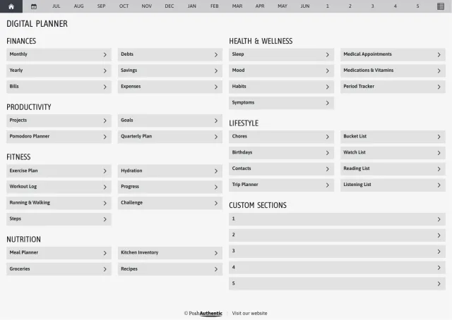 The planner’s dashboard page in the Grey colorway — tappable section rows under the month navigation bar.