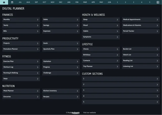 The planner’s dashboard page in the Heavy Wonder dark mode colorway — tappable section rows under the month navigation bar.