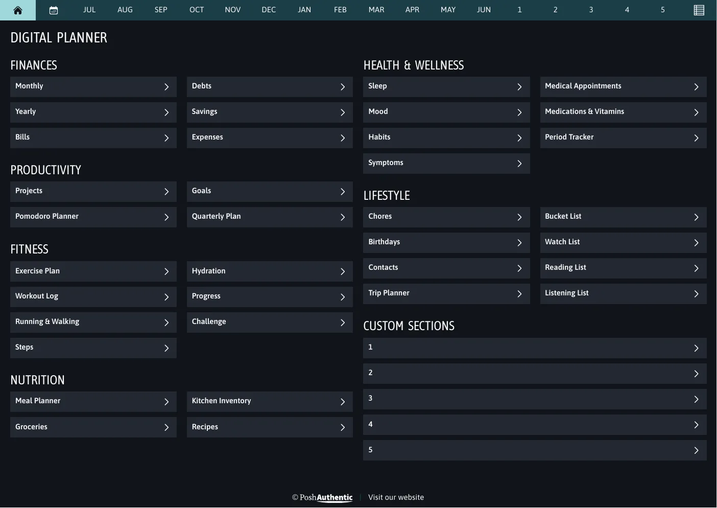 The planner’s dashboard page in the Heavy Wonder dark mode colorway — tappable section rows under the month navigation bar.