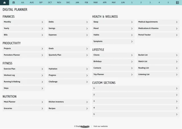 The planner’s dashboard page in the Heavy Wonder colorway — tappable section rows under the month navigation bar.