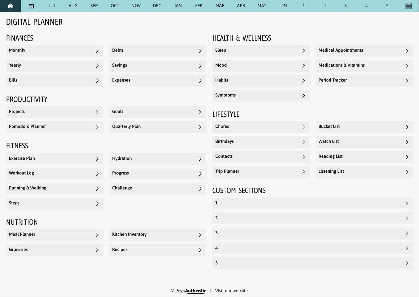 The planner’s dashboard page in the Heavy Wonder colorway — tappable section rows under the month navigation bar.