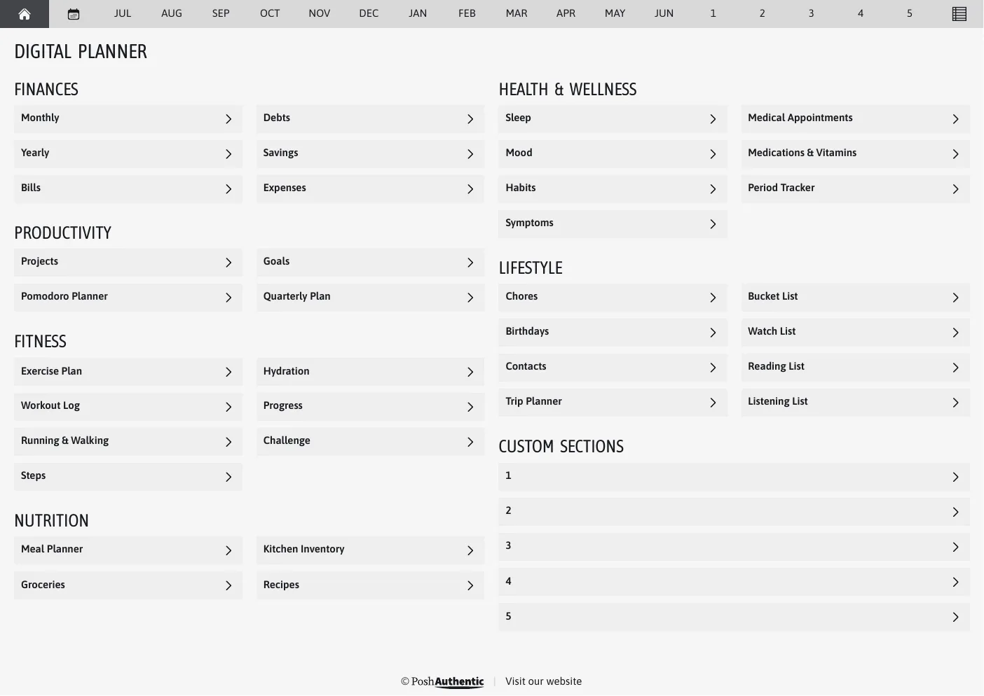 The planner’s dashboard page in the Light Grey colorway — tappable section rows under the month navigation bar.