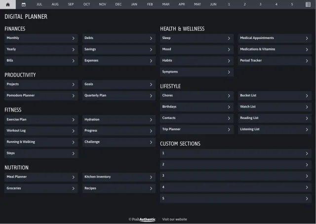 The planner’s dashboard page in the Midnight dark mode colorway — tappable section rows under the month navigation bar.