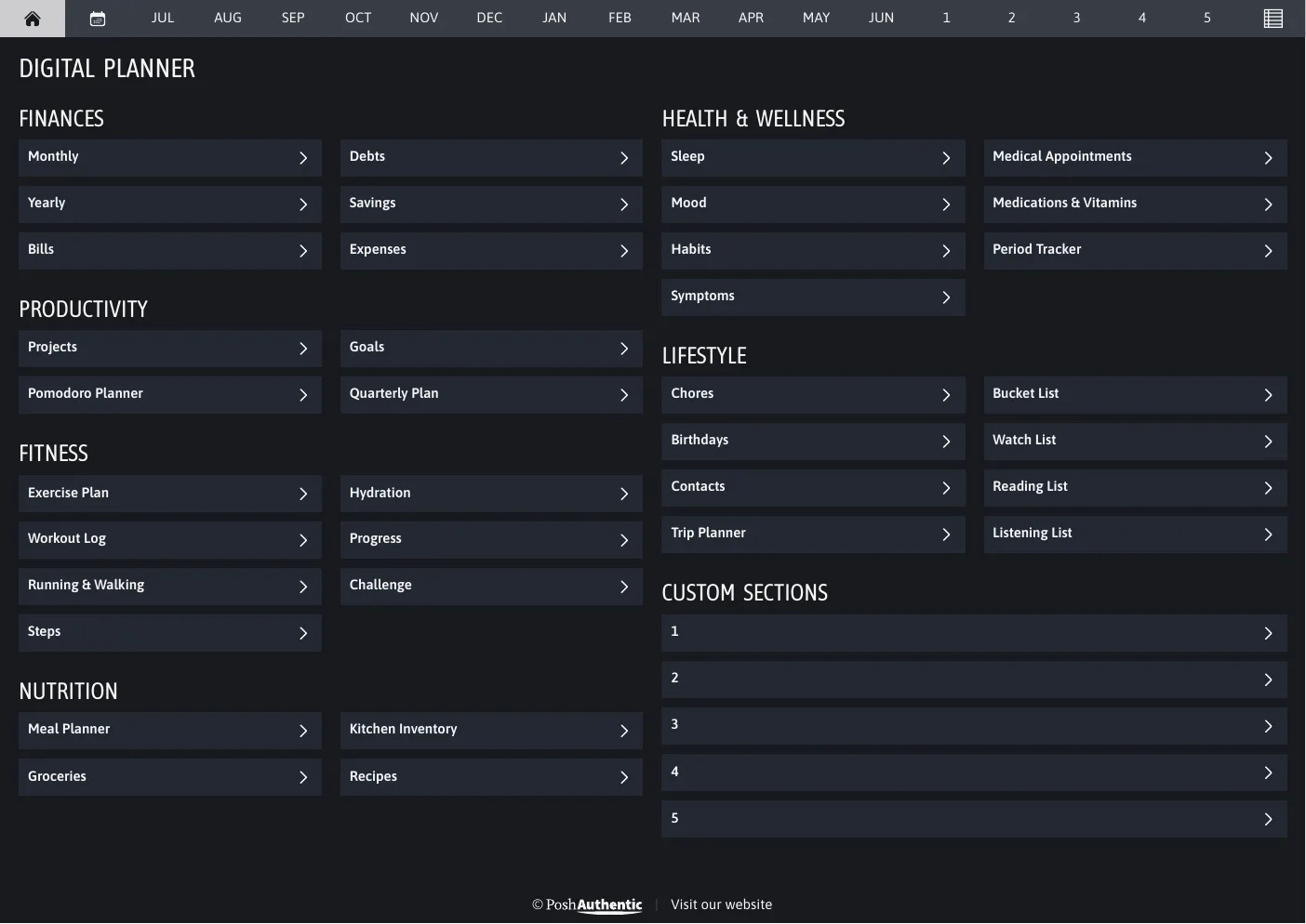 The planner’s dashboard page in the Midnight dark mode colorway — tappable section rows under the month navigation bar.