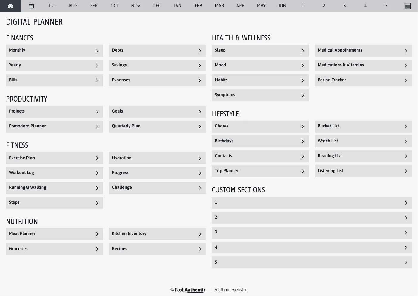 The planner’s dashboard page in the Midnight colorway — tappable section rows under the month navigation bar.