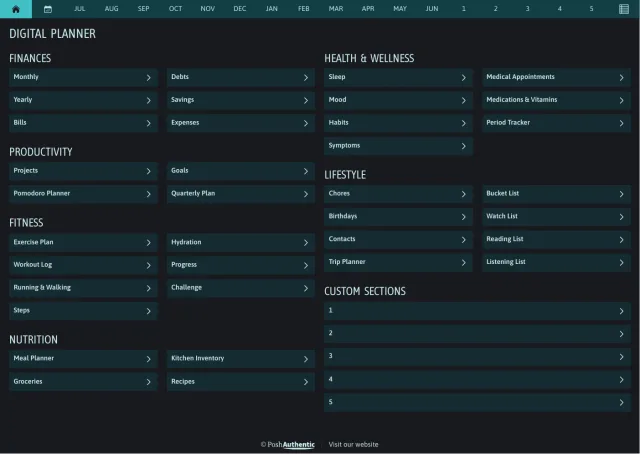 The planner’s dashboard page in the Teal dark mode colorway — tappable section rows under the month navigation bar.