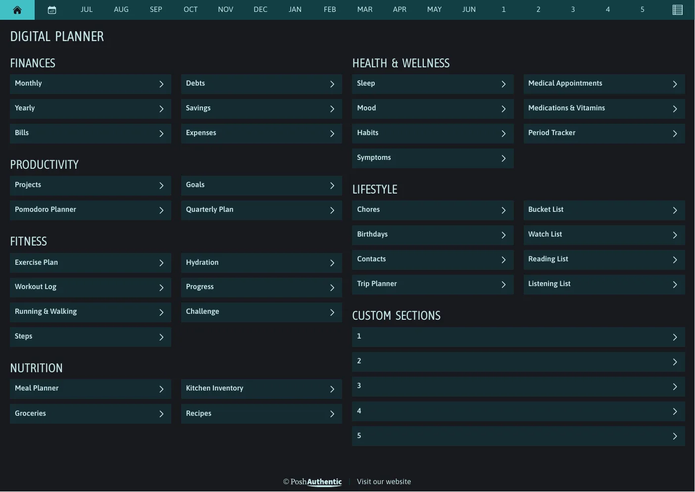 The planner’s dashboard page in the Teal dark mode colorway — tappable section rows under the month navigation bar.