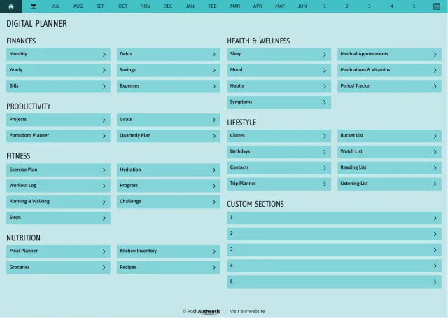 The planner’s dashboard page in the Teal colorway — tappable section rows under the month navigation bar.