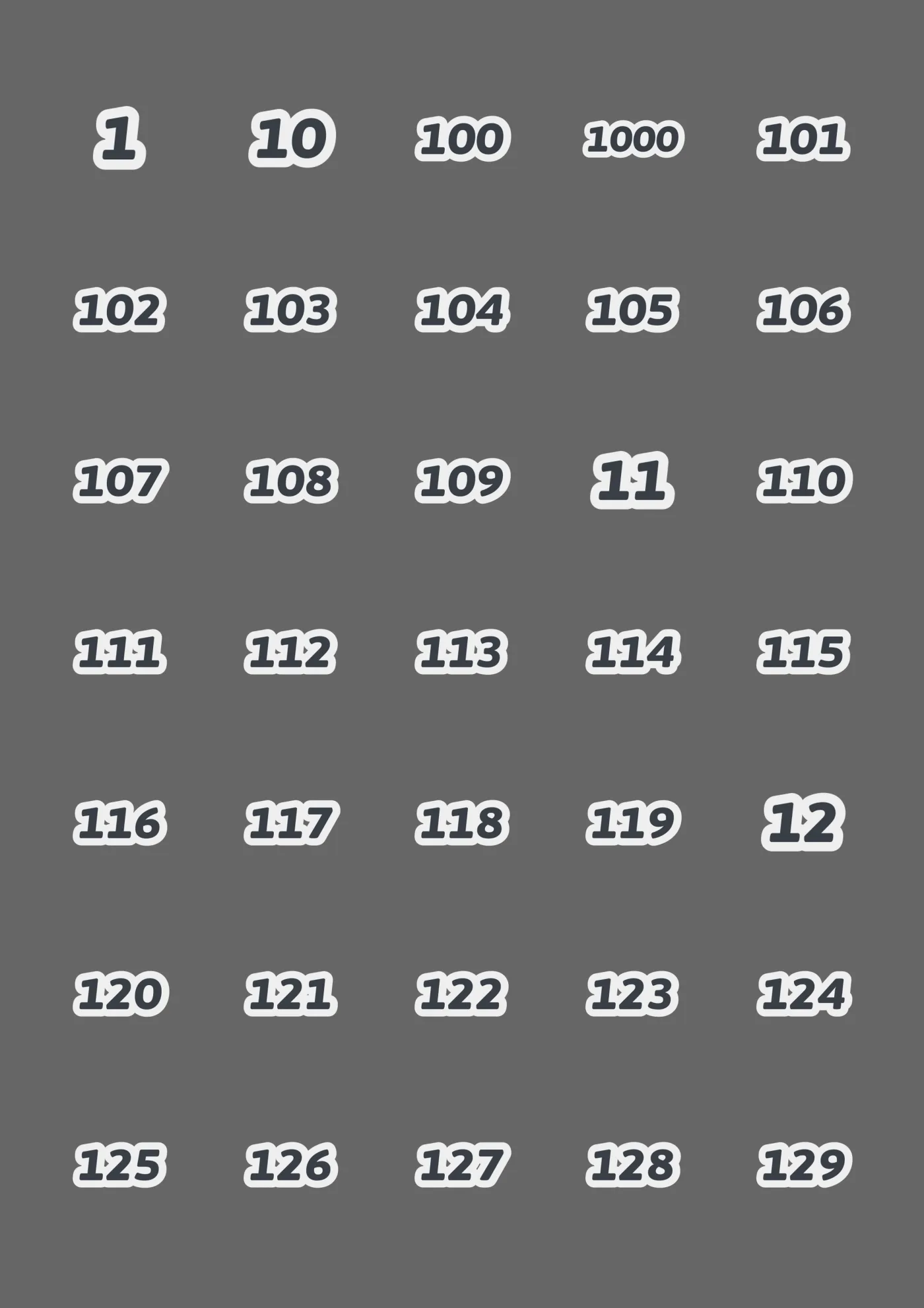A sheet of the deluxe numbers italic sticker line in light grey, laid out in a grid so the drawing and the range are both visible.
