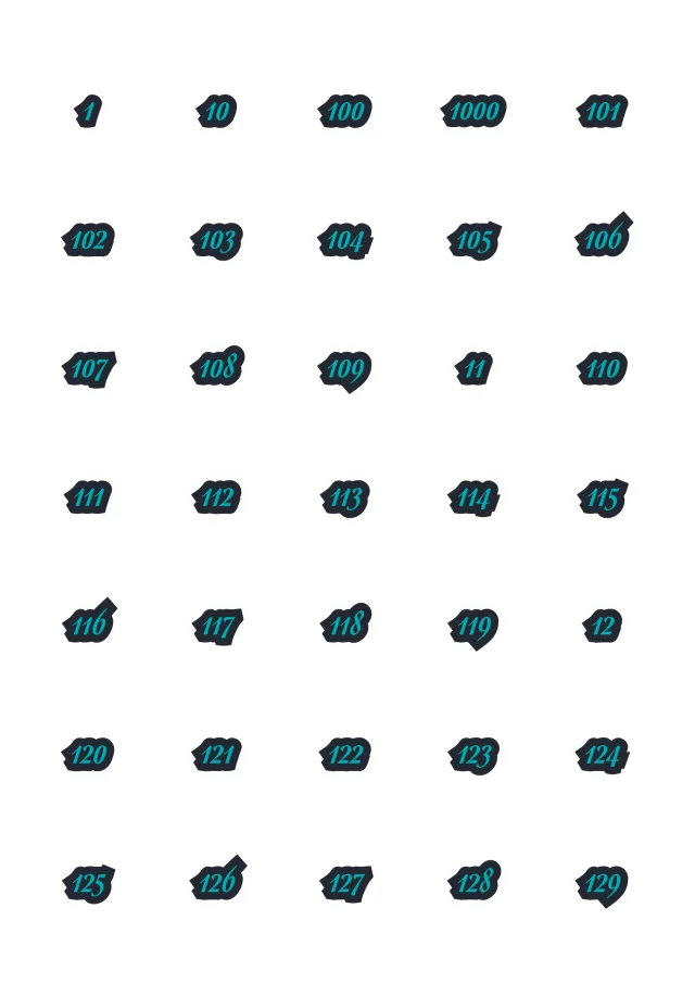 A sheet of the deluxe numbers script sticker line in midnight, laid out in a grid so the drawing and the range are both visible.