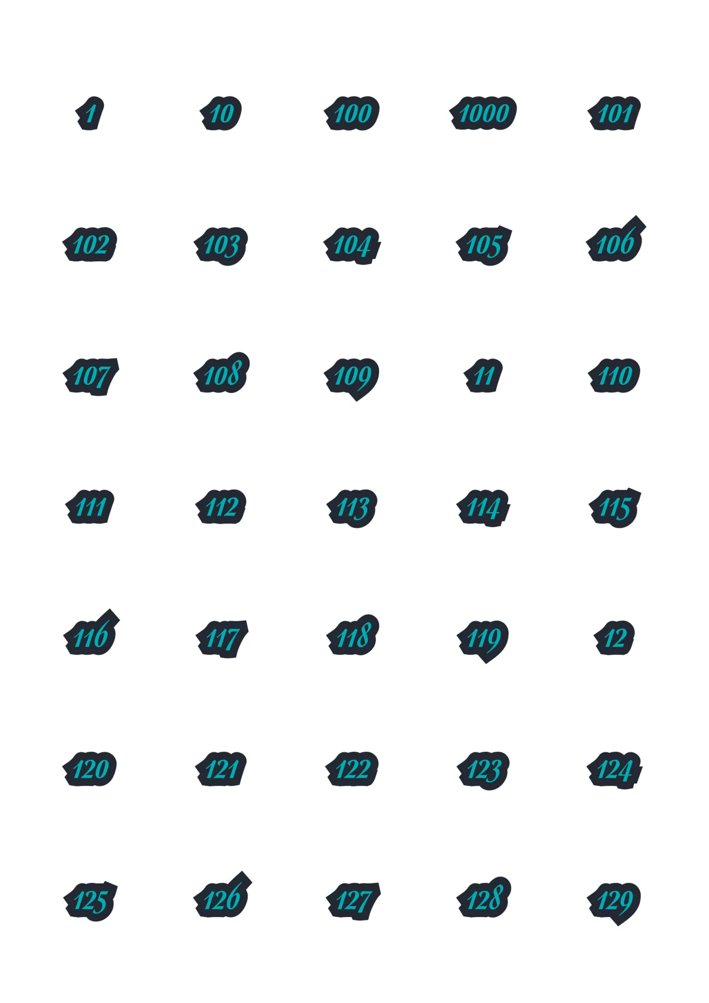 A sheet of the deluxe numbers script sticker line in midnight, laid out in a grid so the drawing and the range are both visible.