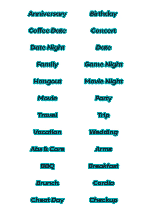 A sheet of the deluxe words italic sticker line in teal, laid out in a grid so the drawing and the range are both visible.