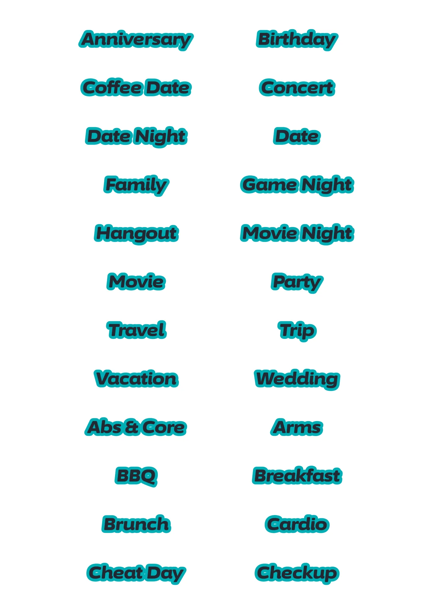 A sheet of the deluxe words italic sticker line in teal, laid out in a grid so the drawing and the range are both visible.