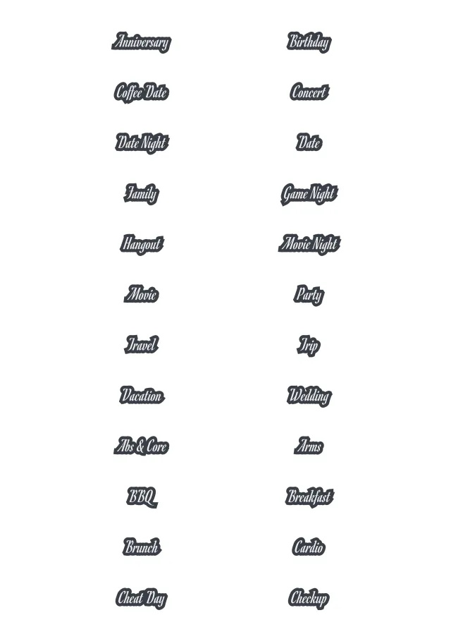 A sheet of the deluxe words script sticker line in grey, laid out in a grid so the drawing and the range are both visible.